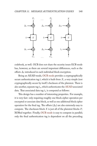 CHAPTER 11. MESSAGE AUTHENTICATION CODES 140
k E k E k E
P1
∆1
∆1
C1
Pn
∆n
∆n
Cn
X
∆X
ta
t
. . .
. . .
codebook, as well. OCB does not share the security issues ECB mode
has, however, as there are several important diﬀerences, such as the
oﬀsets ∆i introduced in each individual block encryption.
Being an AEAD mode, OCB mode provides a cryptographically
secure authentication tag t, which is built from X, a very simple (not
cryptographically secure by itself) checksum of the plaintext. There is
also another, separate tag ta, which authenticates the AEAD associated
data. That associated data tag ta is computed as follows:
This design has a number of interesting properties. For example,
it is very fast: only requiring roughly one block cipher operation per
encrypted or associate data block, as well as one additional block cipher
operation for the final tag. The oﬀsets (∆i) are also extremely easy to
compute. The checksum block X is just all of the plaintext blocks Pi
XORed together. Finally, OCB mode is easy to compute in parallel;
only the final authentication tag is dependent on all the preceding
 