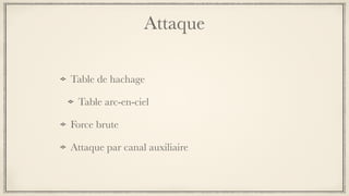 Attaque
Table de hachage
Table arc-en-ciel
Force brute
Attaque par canal auxiliaire
 