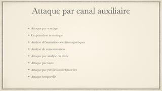 Attaque par canal auxiliaire
Attaque par sondage
Cryptanalyse acoustique
Analyse d’émanations électromagnétiques
Analyse de consommation
Attaque par analyse du traﬁc
Attaque par faute
Attaque par prédiction de branches
Attaque temporelle
 