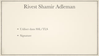 Rivest Shamir Adleman
Utiliser dans SSL/TLS
Signature
 