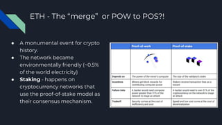 ETH - The “merge” or POW to POS?!
● A monumental event for crypto
history.
● The network became
environmentally friendly (~0.5%
of the world electricity)
● Staking - happens on
cryptocurrency networks that
use the proof-of-stake model as
their consensus mechanism.
 