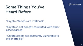 Some Things You’ve
Heard Before
8
“Crypto-Markets are irrational”
“Crypto is not directly correlated with other
asset classes”
“Crypto assets are constantly vulnerable to
cyber attacks”
 