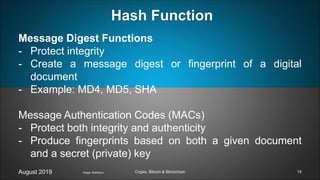 Message Digest Functions
- Protect integrity
- Create a message digest or fingerprint of a digital
document
- Example: MD4, MD5, SHA
Message Authentication Codes (MACs)
- Protect both integrity and authenticity
- Produce fingerprints based on both a given document
and a secret (private) key
August 2019 Crypto, Bitcoin & Blockchain
Hash Function
Image: Wall2born 15
 