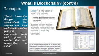 What is Blockchain? (cont’d)
39
To imagine:
“Giant interactive
Google doc
spreadsheet that
anyone can view
and administrators
(miners)
continually verify
and update to
confirm that each
transaction is
valid”
August 2019 Crypto, Bitcoin & Blockchain
 