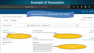 Example of Transaction
93August 2019 Crypto, Bitcoin & Blockchain
Receiving BTC in Blockchain.info Wallet
Receiving BTC in Blockchain.info Wallet
Local time when BTC
received by the wallet
The sender’s ‘Send’ Wallet ID
The receiver’s ‘Receive’ Wallet
ID (hashed)
 