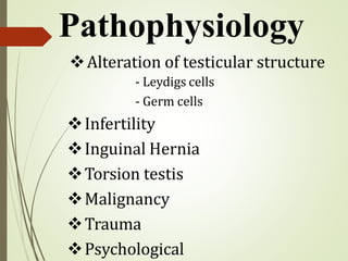 Alteration of testicular structure
- Leydigs cells
- Germ cells
Infertility
Inguinal Hernia
Torsion testis
Malignancy
Trauma
Psychological
Pathophysiology
 