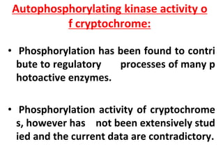 Autophosphorylating kinase activity o
f cryptochrome:
• Phosphorylation has been found to contri
bute to regulatory processes of many p
hotoactive enzymes.
• Phosphorylation activity of cryptochrome
s, however has not been extensively stud
ied and the current data are contradictory.
 