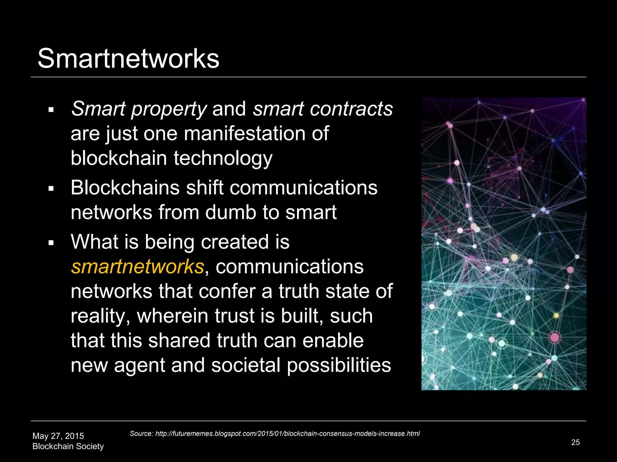 May 27, 2015
Blockchain Society
Smartnetworks
 Smart property and smart contracts
are just one manifestation of
blockchain technology
 Blockchains shift communications
networks from dumb to smart
 What is being created is
smartnetworks, communications
networks that confer a truth state of
reality, wherein trust is built, such
that there are new possibilities for us
as individual agents and societies
 Builds societal shared trust
25
Source: http://futurememes.blogspot.com/2015/01/blockchain-consensus-models-increase.html
 