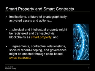May 27, 2015
Blockchain Society
Smart Property and Smart Contracts
 Implications: a future of cryptographically-
activate...