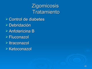 Zigomicosis  Tratamiento Control de diabetes Debridación Anfotericina B Fluconazol Itraconazol Ketoconazol 