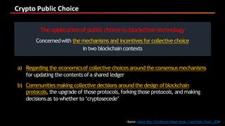 Crypto	Public	Choice
<Source:Alastair Berg,ChrisBergandMikayla Novak,‘CryptoPublicChoice’,2018>
The applicationof public choice to blockchaintechnology
Concernedwith the mechanisms and incentivesfor collective choice
in two blockchain contexts
a) Regarding the economicsof collective choices around the consensus mechanisms
for updating the contents ofa shared ledger
b) Communities making collective decisions around the design ofblockchain
protocols,the upgrade of those protocols,forking those protocols, and making
decisions as to whether to ‘cryptosecede’
 