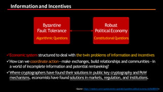 Information	and	Incentives
üEconomicsystem structured to deal with the twin problems ofinformation and incentives
üHowcan we coordinate action — make exchanges, build relationships and communities — in
a world ofincomplete information and potential rentseeking?
üWhere cryptographers have found their solutions in public key cryptography and PoW
mechanisms, economists have found solutions in markets, regulation, and institutions.
<Source:https://medium.com/cryptoeconomics-australia/byzantine-political-economy-de25bf8f047e>
Byzantine
Fault Tolerance
Robust
PoliticalEconomy
ConstitutionalQuestionsAlgorithmic Questions
 