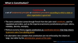 What	is	Constitution?
<Source:https://en.wikipedia.org/wiki/Constitutionalism>
Constitutionis
a set offundamental principl...