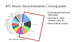 BTC failure: Decentralization / mining pools
• 5 mining pools take over
50% power
• Hack this 5 = Hack
network. (now 4)
• Most of them in China.
https://blockchain.info/pools
 