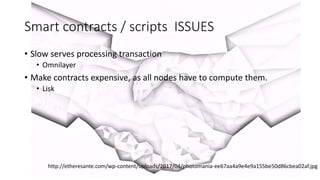 Smart contracts / scripts ISSUES
• Slow serves processing transaction
• Omnilayer
• Make contracts expensive, as all nodes have to compute them.
• Lisk
http://etheresante.com/wp-content/uploads/2017/04/photomania-ee67aa4a9e4e9a155be50d86cbea02af.jpg
 