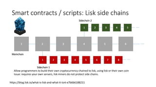 Smart contracts / scripts: Lisk side chains
https://blog.lisk.io/what-is-lisk-and-what-it-isnt-e7b6b6188211
Allow programmers to build their own cryptocurrency chained to lisk, using lisk or their own coin
Issue: requires your own servers, lisk miners do not protect side chains.
 