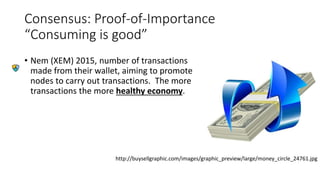 Consensus: Proof-of-Importance
“Consuming is good”
• Nem (XEM) 2015, number of transactions
made from their wallet, aiming to promote
nodes to carry out transactions. The more
transactions the more healthy economy.
http://buysellgraphic.com/images/graphic_preview/large/money_circle_24761.jpg
 