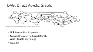 DAG: Direct Acyclic Graph:
http://cryptowiki.net/index.php?title=Blockchain-free_cryptocurrencies
• Link transaction to previous
• Transactions can be linked if both
valid (double spending)
• Scalable
 