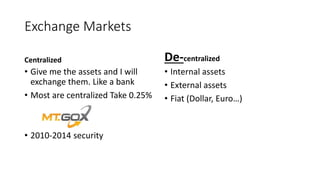 Exchange Markets
Centralized
• Give me the assets and I will
exchange them. Like a bank
• Most are centralized Take 0.25%
• 2010-2014 security
De-centralized
• Internal assets
• External assets
• Fiat (Dollar, Euro…)
 