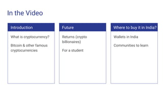 In the Video
Introduction
What is cryptocurrency?
Bitcoin & other famous
cryptocurrencies
Future
Returns (crypto
billionai...