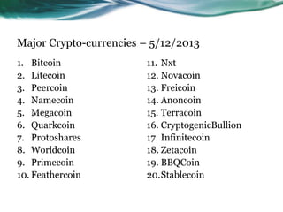 Major Crypto-currencies – 5/12/2013
1. Bitcoin
2. Litecoin
3. Peercoin
4. Namecoin
5. Megacoin
6. Quarkcoin
7. Protoshares
8. Worldcoin
9. Primecoin
10. Feathercoin

11. Nxt
12. Novacoin
13. Freicoin
14. Anoncoin
15. Terracoin
16. CryptogenicBullion
17. Infinitecoin
18. Zetacoin
19. BBQCoin
20.Stablecoin

 