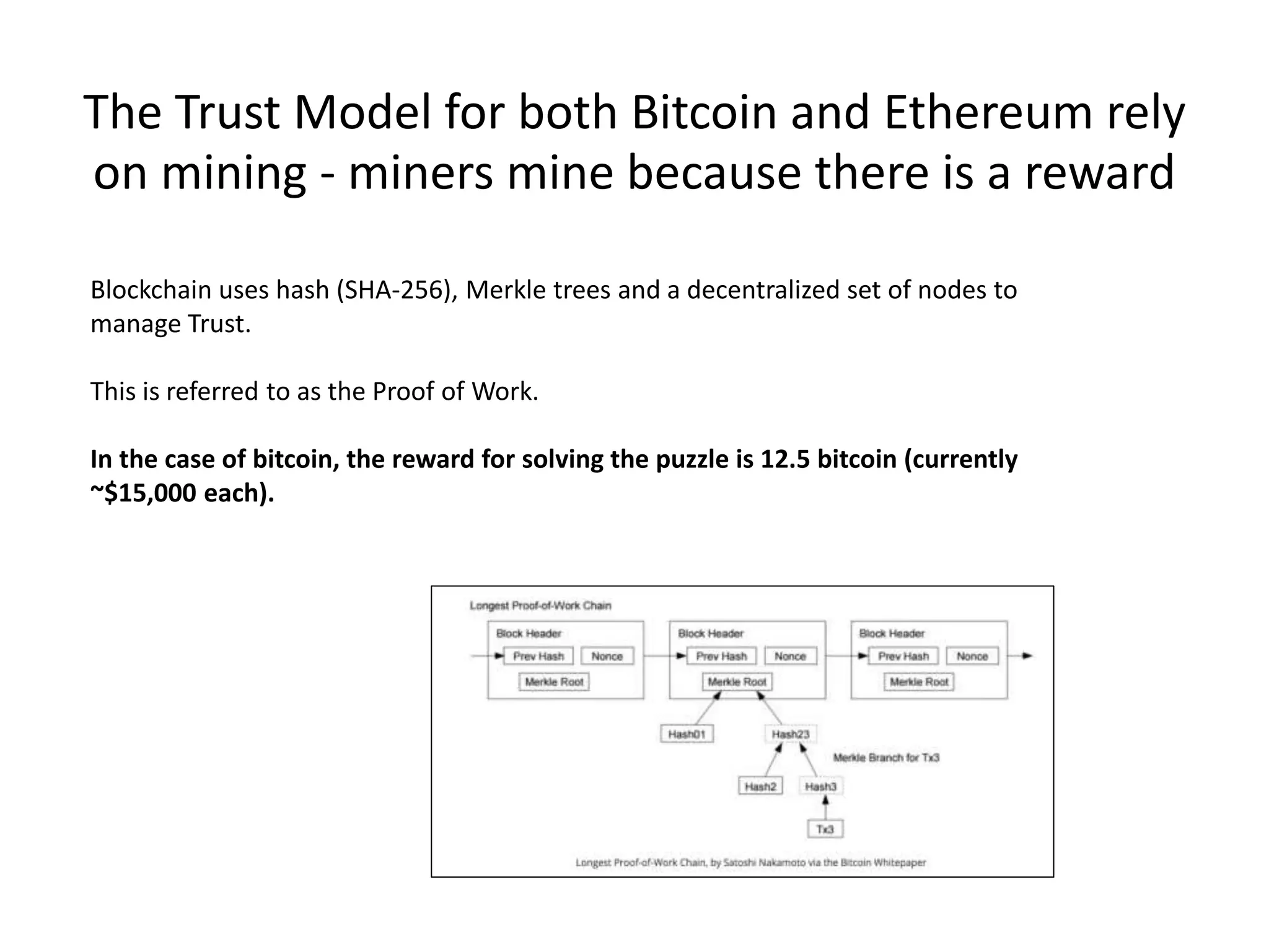 The Trust Model for both Bitcoin and Ethereum rely
on mining - miners mine because there is a reward
Blockchain uses hash (SHA-256), Merkle trees and a decentralized set of nodes to
manage Trust.
This is referred to as the Proof of Work.
In the case of bitcoin, the reward for solving the puzzle is 12.5 bitcoin (currently
~$15,000 each).
 