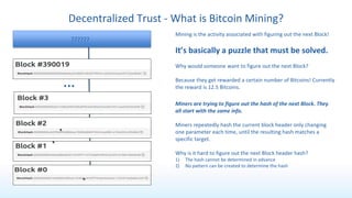 Decentralized Trust - What is Bitcoin Mining?
…
Miners are trying to figure out the hash of the next Block. They
all start...