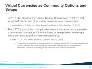 |
Virtual Currencies as Commodity Options and
Swaps
 In 2015, the Commodity Futures Trading Commission (“CFTC”) first
found that bitcoin and other virtual currencies are commodities
• In the Matter of Coinflip, Inc., d/b/a/ Derivabit, and Francisco Riordan (Sept. 17, 2015)
 The CFTC’s jurisdiction is implicated when a virtual currency is used in
a derivatives contract, or if there is fraud or manipulation involving a
virtual currency traded in interstate commerce
• LabCFTC, A CFTC Primer on Virtual Currencies (Oct. 17, 2017)
̶ “There is no inconsistency between the SEC’s analysis and the CFTC’s determination that
virtual currencies are commodities and that virtual tokens may be commodities or
derivatives contracts depending on the particular facts and circumstances.”
Preparing for Cryptocurrencies and Digital Assets 15March 2, 2018
 