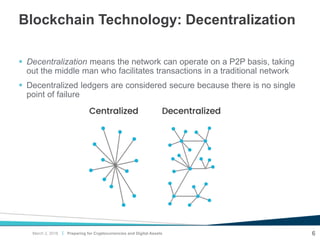 |
Blockchain Technology: Decentralization
Preparing for Cryptocurrencies and Digital Assets 6
 Decentralization means the network can operate on a P2P basis, taking
out the middle man who facilitates transactions in a traditional network
 Decentralized ledgers are considered secure because there is no single
point of failure
March 2, 2018
 