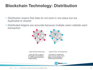 |
Blockchain Technology: Distribution
Preparing for Cryptocurrencies and Digital Assets 7
 Distribution means that data do not exist in one place but are
duplicated or shared
 Distributed ledgers are accurate because multiple users validate each
transaction
March 2, 2018
 