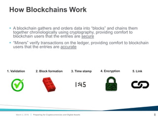 |
How Blockchains Work
Preparing for Cryptocurrencies and Digital Assets 8
 A blockchain gathers and orders data into “blocks” and chains them
together chronologically using cryptography, providing comfort to
blockchain users that the entries are secure
 “Miners” verify transactions on the ledger, providing comfort to blockchain
users that the entries are accurate
1. Validation 2. Block formation 3. Time stamp 4. Encryption 5. Link
March 2, 2018
 