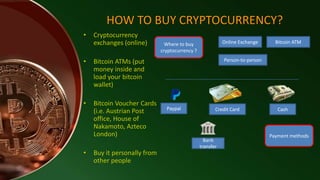 HOW TO BUY CRYPTOCURRENCY?
• Cryptocurrency
exchanges (online)
• Bitcoin ATMs (put
money inside and
load your bitcoin
wallet)
• Bitcoin Voucher Cards
(i.e. Austrian Post
office, House of
Nakamoto, Azteco
London)
• Buy it personally from
other people
Where to buy
cryptocurrency ?
Online Exchange
Person-to-person
Bitcoin ATM
Paypal Credit Card Cash
Payment methods
Bank
transfer
 