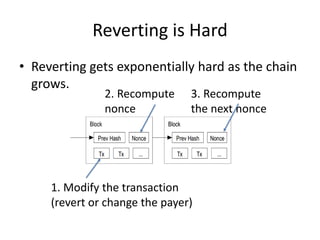 Reverting is Hard
• Reverting gets exponentially hard as the chain
grows.
1. Modify the transaction
(revert or change the ...