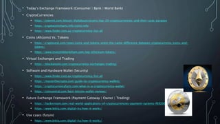• Today’s Exchange Framework (Consumer | Bank | World Bank)
• CryptoCurrencies
• https://steemit.com/bitcoin/@allaboutcrycoins/top-20-cryptocurrencies-and-their-uses-purpose
• https://cryptocoincharts.info/coins/info
• https://www.finder.com.au/cryptocurrency-list-all
• Coins (Altcoins) Vs. Tokens
• https://cryptovest.com/news/coins-and-tokens-arent-the-same-difference-between-cryptocurrency-coins-and-
tokens/
• https://www.investinblockchain.com/top-ethereum-tokens/
• Virtual Exchanges and Trading
• https://blockonomi.com/cryptocurrency-exchanges-trading/
• Software and Hardware Wallet (Security)
• https://www.finder.com.au/cryptocurrency-list-all
• https://masterthecrypto.com/guide-to-cryptocurrency-wallets/
• https://cryptocurrencyfacts.com/what-is-a-cryptocurrency-wallet/
• https://coincentral.com/best-bitcoin-wallet-reviews/
• Future Exchange Framework (Payment Gateway | Owner | Trading)
• https://hackernoon.com/real-world-applications-of-cryptocurrencies-payment-systems-f69206586a7f
• https://www.bitira.com/digital-ira/how-it-works/
• Use cases (future)
• https://www.bitira.com/digital-ira/how-it-works/
 
