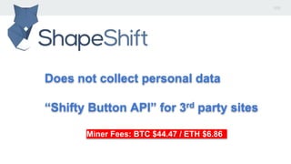 Does not collect personal data
“Shifty Button API” for 3rd party sites
Miner Fees: BTC $44.47 / ETH $6.86
 