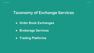 Christian Kameir Version 1.0
Taxonomy of Exchange Services
● Order Book Exchanges
● Brokerage Services
● Trading Platforms
 