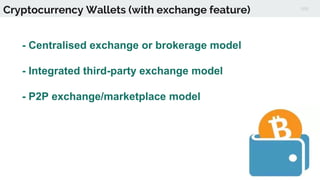 Cryptocurrency Wallets (with exchange feature)
• - Centralised exchange or brokerage model
• - Integrated third-party exchange model
- P2P exchange/marketplace model
 