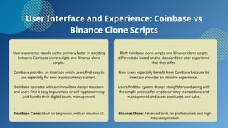 User Interface and Experience: Coinbase vs
Binance Clone Scripts
User experience stands as the primary factor in deciding
between Coinbase clone scripts and Binance clone
scripts.
Coinbase provides an interface which users find easy to
use especially for new cryptocurrency starters.
Coinbase operates with a minimalistic design structure
and users find it easy to purchase or sell cryptocurrency
and handle their digital assets management.
Both Coinbase clone scripts and Binance clone scripts
differentiate based on the standardized user experience
that they offer.
New users especially benefit from Coinbase because its
interface provides an intuitive experience.
Users find the system design straightforward along with
the simple process for cryptocurrency transactions and
management and asset purchases and sales.
Coinbase Clone: Ideal for beginners, with an intuitive UI. Binance Clone: Advanced tools for professionals and high-
frequency traders.
 