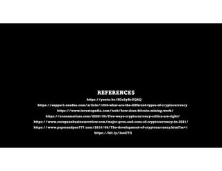 REFERENCES
https://youtu.be/8Ga5yBcGQAQ
https://support.exodus.com/article/1084-what-are-the-different-types-of-cryptocurrency
https://www.investopedia.com/tech/how-does-bitcoin-mining-work/
https://econamericas.com/2020/06/five-ways-cryptocurrency-critics-are-right/
https://www.europeanbusinessreview.com/major-pros-and-cons-of-cryptocurrency-in-2021/
https://www.paperandpen777.com/2019/08/The-development-of-cryptocurrency.html?m=1
https://bit.ly/3enEYIi
 
