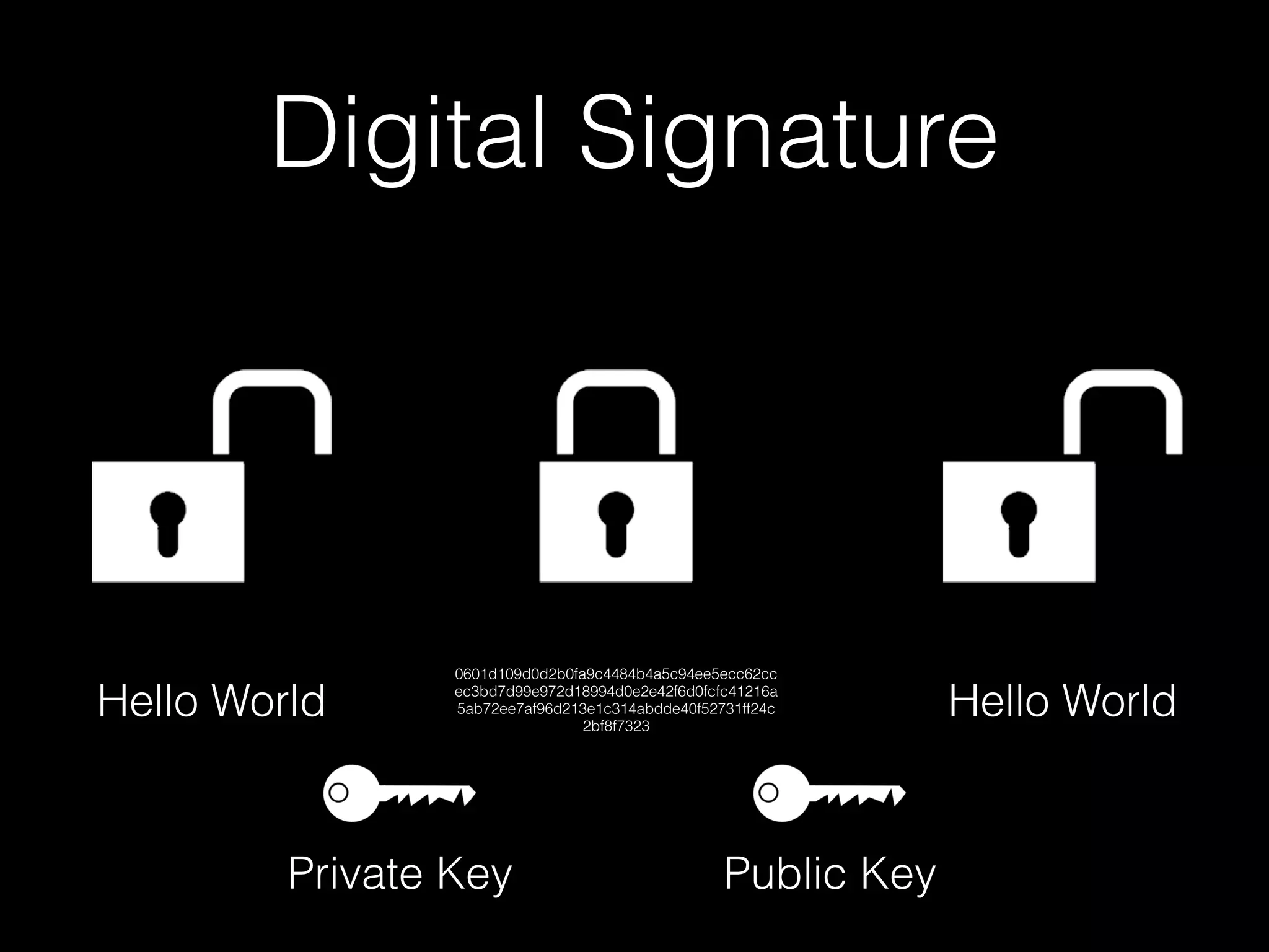 Digital Signature
Hello World
0601d109d0d2b0fa9c4484b4a5c94ee5ecc62cc
ec3bd7d99e972d18994d0e2e42f6d0fcfc41216a
5ab72ee7af96d213e1c314abdde40f52731ff24c
2bf8f7323
Hello World
Private Key Public Key
 