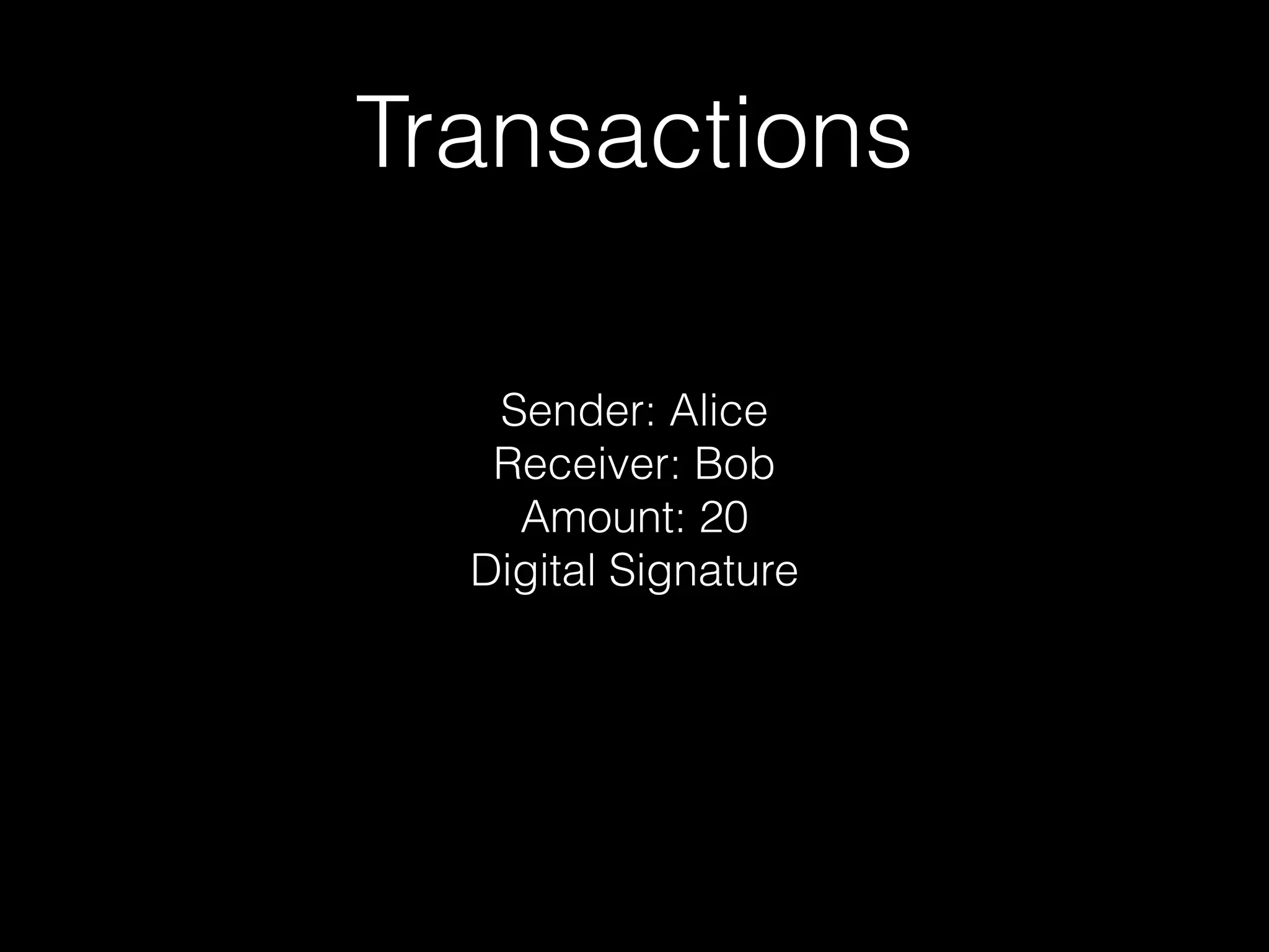 Transactions
Sender: Alice
Receiver: Bob
Amount: 20
Digital Signature
 