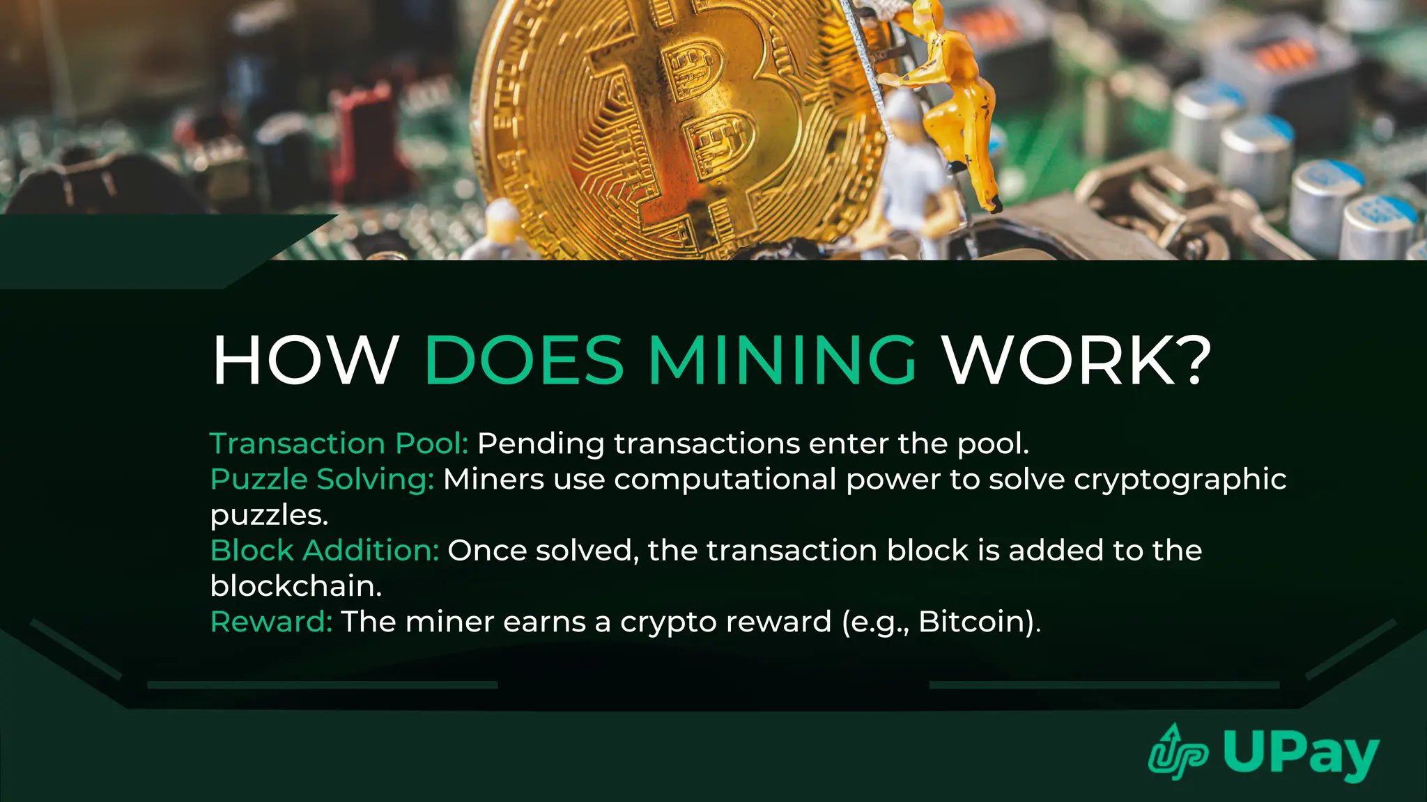 HOW DOES MINING WORK?
Transaction Pool: Pending transactions enter the pool.
Puzzle Solving: Miners use computational power to solve cryptographic
puzzles.
Block Addition: Once solved, the transaction block is added to the
blockchain.
Reward: The miner earns a crypto reward (e.g., Bitcoin).
 
