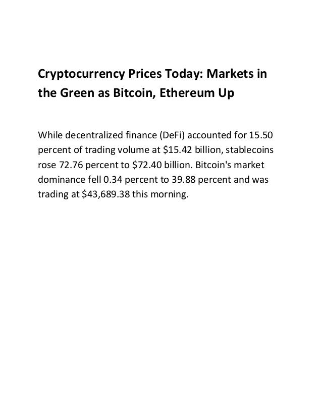 Cryptocurrency Prices Today: Markets in
the Green as Bitcoin, Ethereum Up
While decentralized finance (DeFi) accounted for 15.50
percent of trading volume at $15.42 billion, stablecoins
rose 72.76 percent to $72.40 billion. Bitcoin's market
dominance fell 0.34 percent to 39.88 percent and was
trading at $43,689.38 this morning.
 