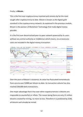 12
Firstly, is Bitcoin.
This is the first ever cryptocurrency invented and remains by far the most
sought after cryptocurrency to date. Bitcoin is known as the digital gold
standard in the cryptocurrency network. As explained in the previous module,
Bitcoin is the pioneer of Blockchain Technology that made digital money
possible.
It is the first ever decentralized peer-to-peer network powered by its users
without any central authority or middleman which means, no unnecessary
costs are included in the digital money transaction.
Over the years of Bitcoin’s existence, its value has fluctuated tremendously
from zero to over $2000 per bitcoin to date. Its transaction volume has also
reached 200,000 daily transactions.
One major advantage that it has over other crypotcurrencies is bitcoins are
impossible to counterfeit or inflate. The reason being there are only 21 million
bitcoins created for mining, no more no less. Therefore it is predicted by 2140,
all bitcoins will already be mined.
 