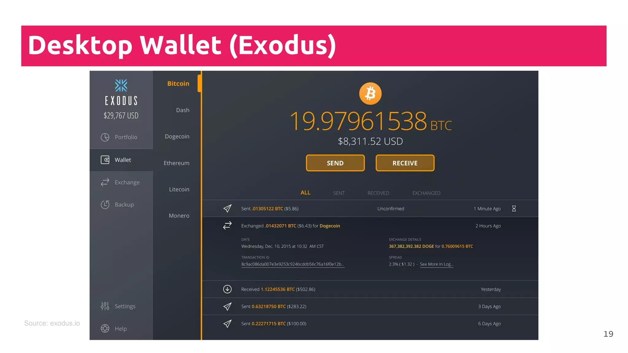 Desktop Wallet (Exodus)
19
Source: exodus.io
 