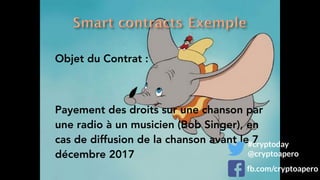 Objet du Contrat :
Payement des droits sur une chanson par
une radio à un musicien (Bob Singer), en
cas de diffusion de la chanson avant le 7
décembre 2017
#cryptoday
@cryptoapero
fb.com/cryptoapero
 