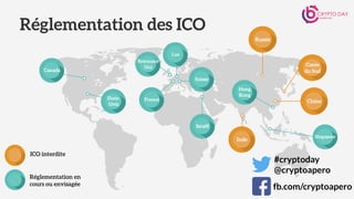 Israël
Inde
Réglementation des ICO
Corée
du Sud
Russie
Chine
ICO interdite
Réglementation en
cours ou envisagée
Royaume
Uni
Hong
Kong
Singapour
France
Lux
Etats-
Unis
Canada
Suisse
#cryptoday
@cryptoapero
fb.com/cryptoapero
 