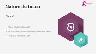 ▪ Régime fiscal actuel inadapté
▪ Nécessité de s’adapter aux droits octroyés par les tokens
▪ Fiscalité au moment de l’ICO
Nature du token
Fiscalité
 