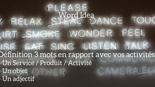 Word Idea
Déﬁnition 3 mots en rapport avec vos activités
- Un Service / Produit / Activité
- Un objet
- Un adjectif
 