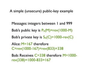 A simple (unsecure) public-key example


 Messages: integers between 1 and 999
 Bob’s public key is Pb(M)=rev(1000-M)
 Bob’s private key is Sb(C)=1000-rev(C)
 Alice: M=167 therefore
 C=rev(1000-167)=rev(833)=338
 Bob: Receives C=338 therefore M=1000-
 rev(338)=1000-833=167
 